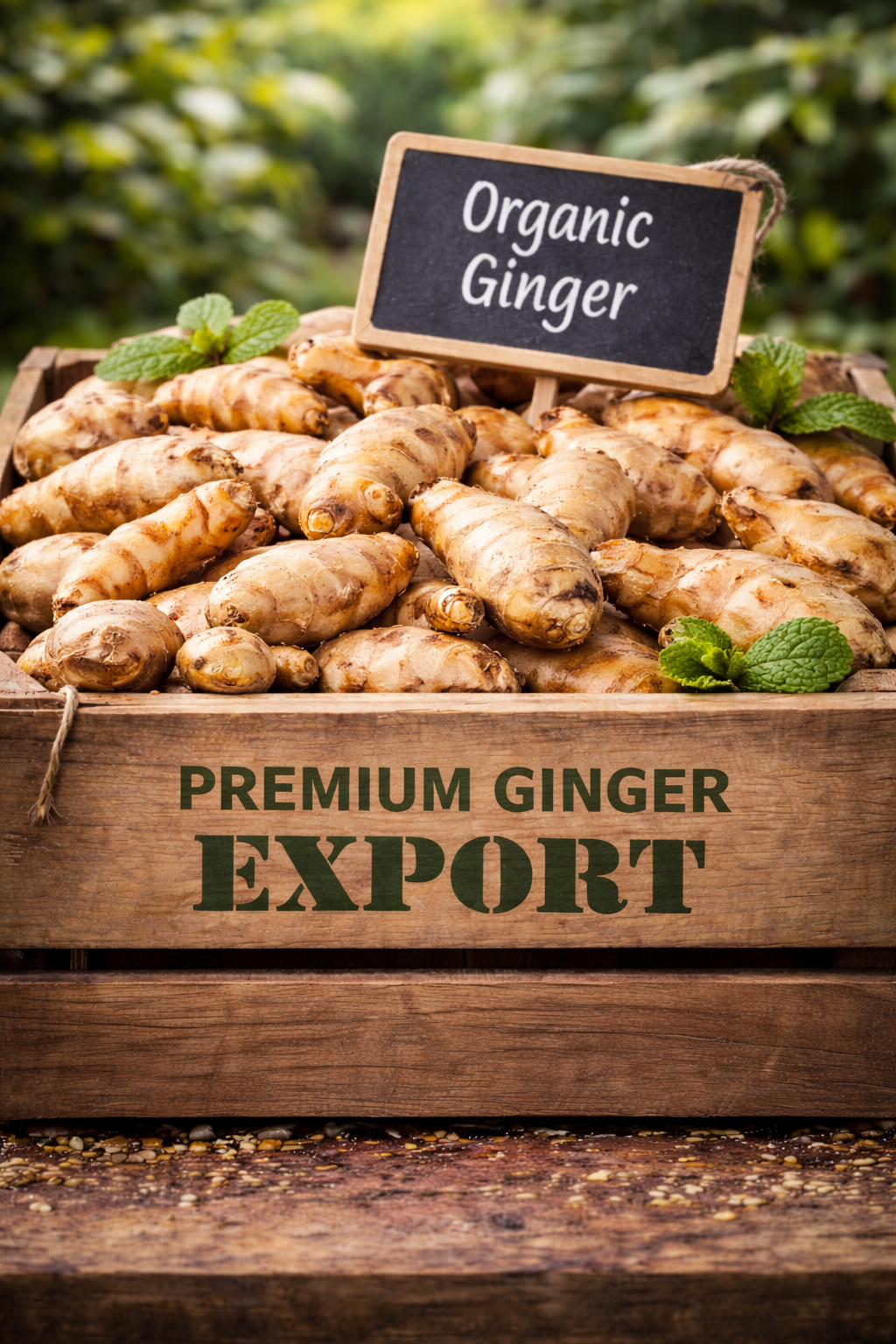 Organic Ginger in export wooden crate