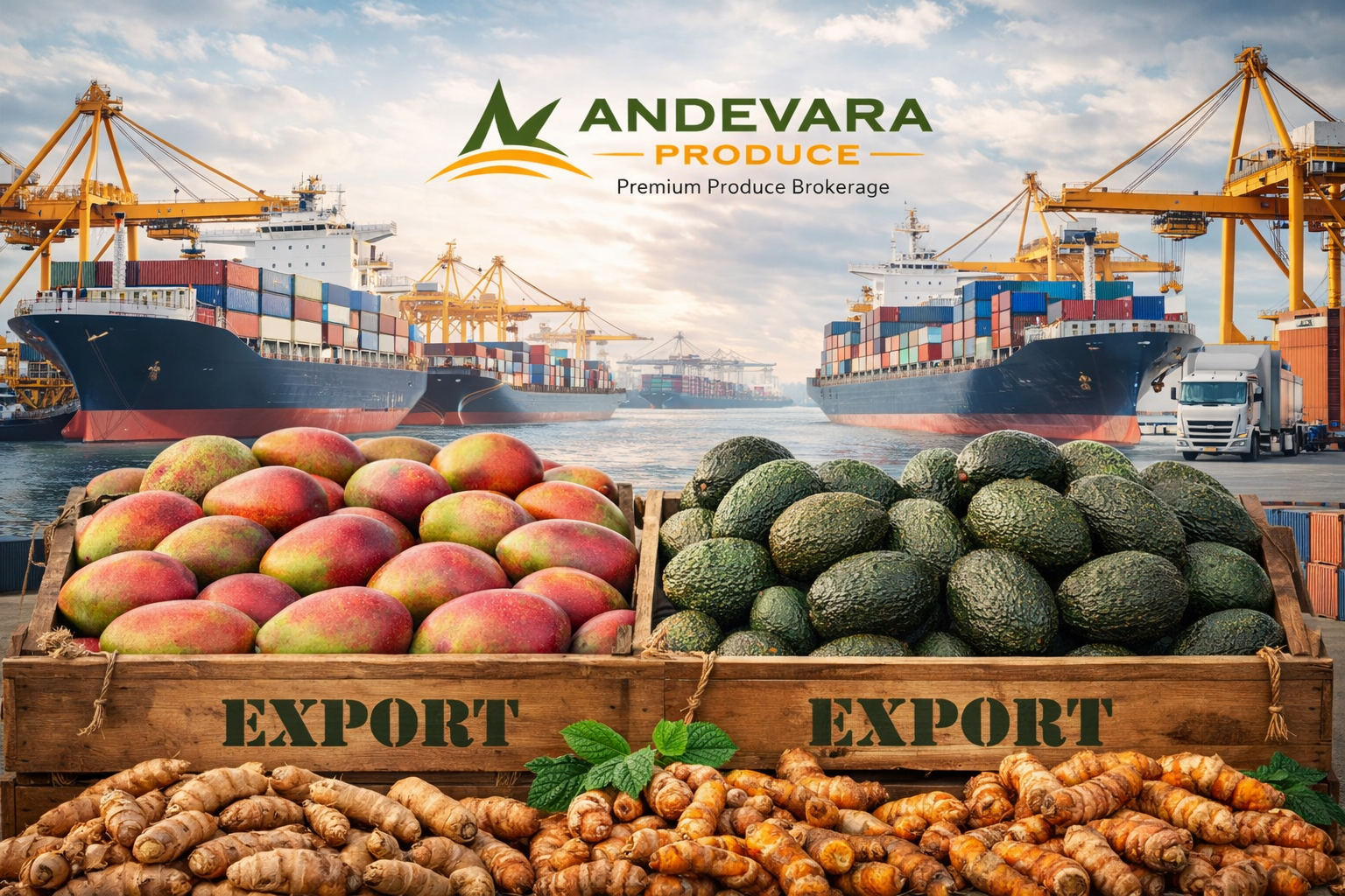 Kent mango, Hass avocado, organic ginger, and organic turmeric integrated with containers and container ships