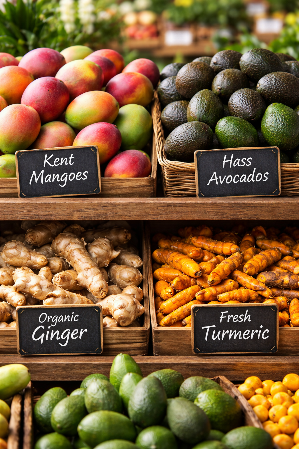 Display shelf with Kent mango, Hass avocado, organic ginger, and organic turmeric